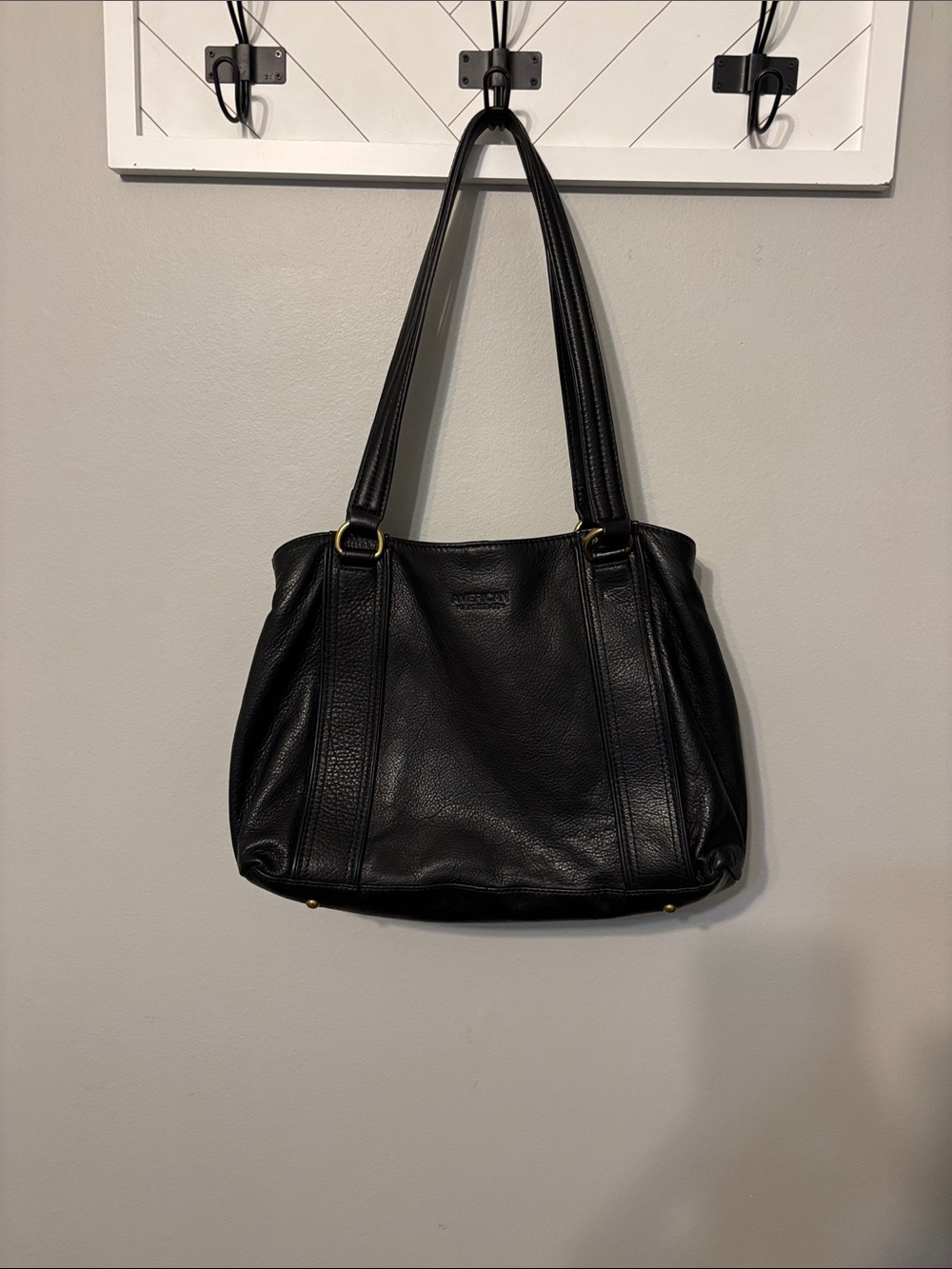 Black Pebbled American Leather Shoulder Tote with Gold Accents